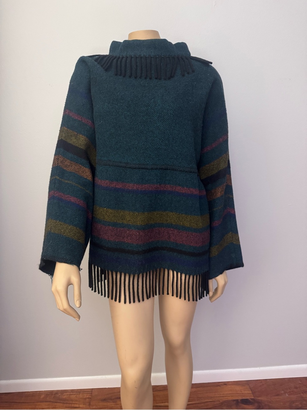 Fringed Teal Striped Women's Poncho Sweater